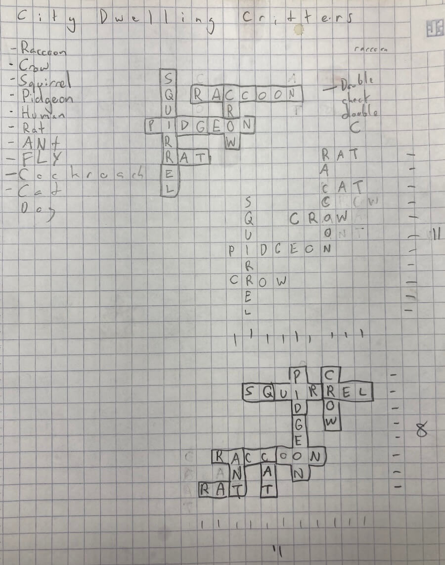 A piece of graph paper with hand-drawn crosswords on it.