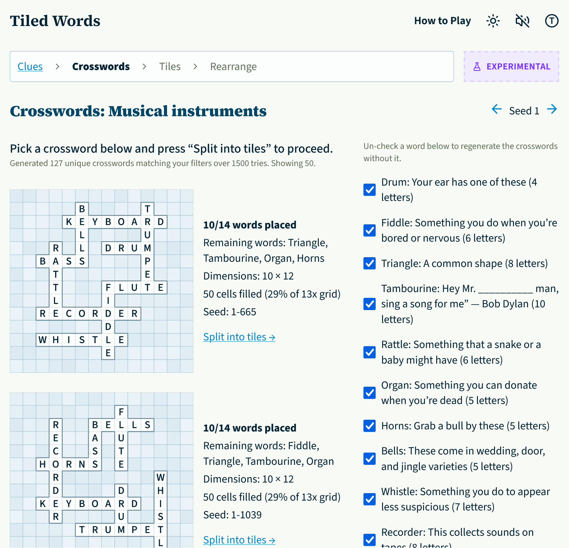 A screenshot showing a screen of the puzzle builder displaying multiple potential crosswords for a puzzle