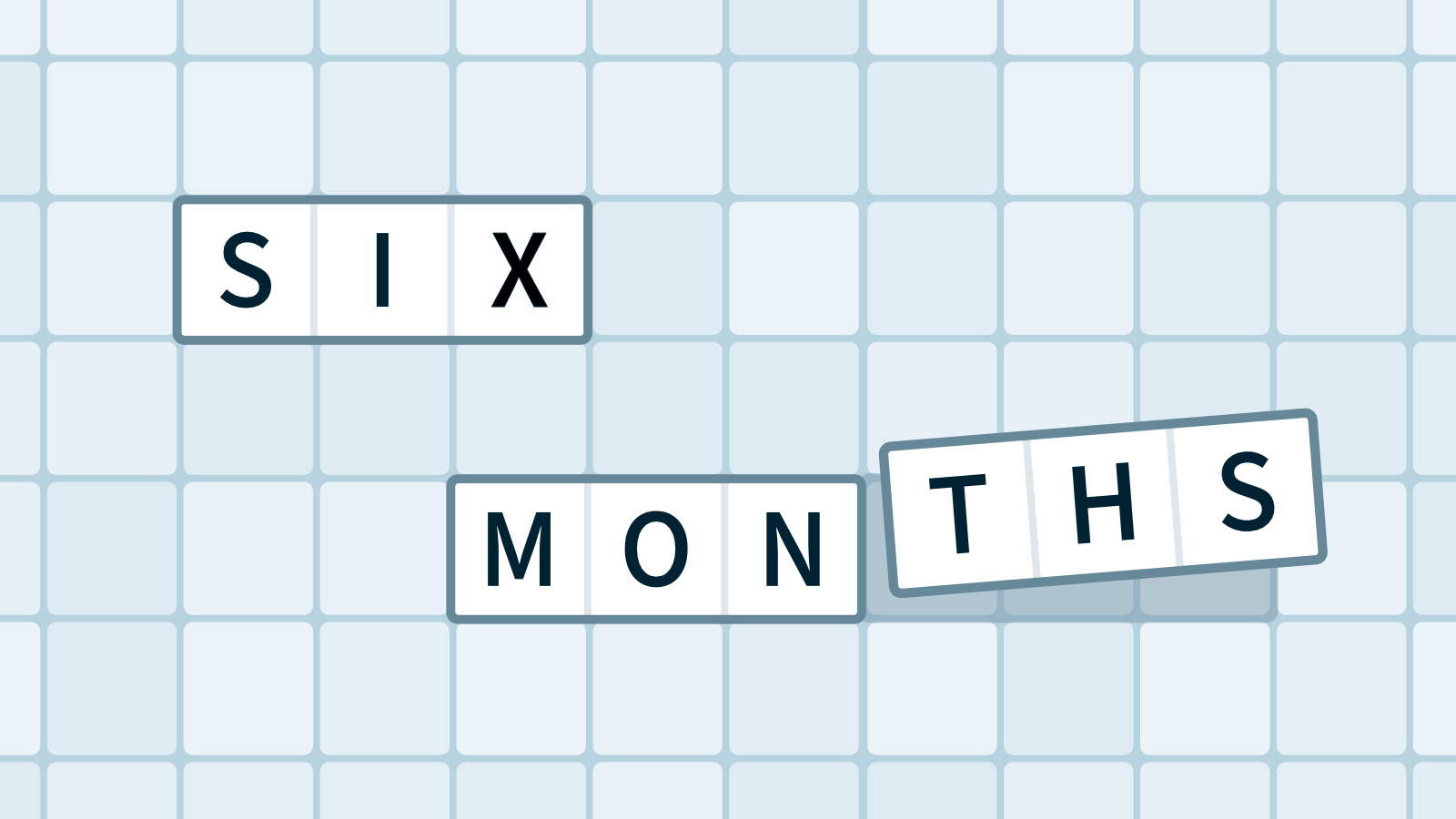 A Tiled Words grid with tiles spelling out '6 months' the tile with 'ths' is being placed and casting a shadow on the board