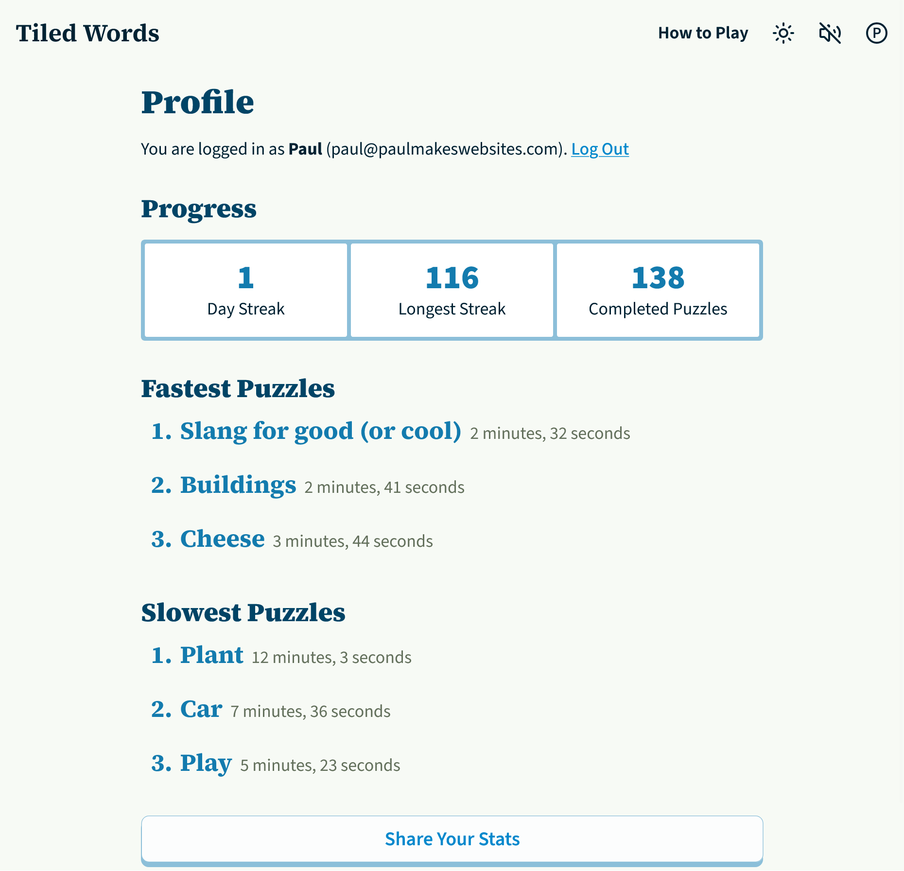 A screenshot of a profile showing current streak, longest streak, puzzles completed as well as fastest and slowest puzzles.